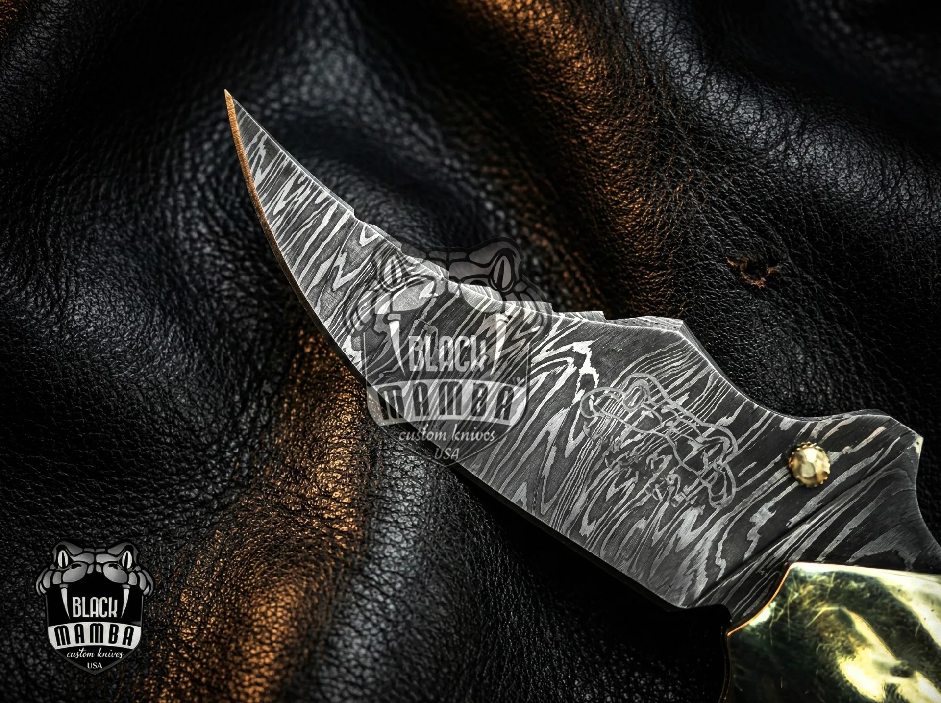 Damascus Folding Pocket Knife, 9″ Overall, Walnut Wood Handle with Brass Bolster - view 7