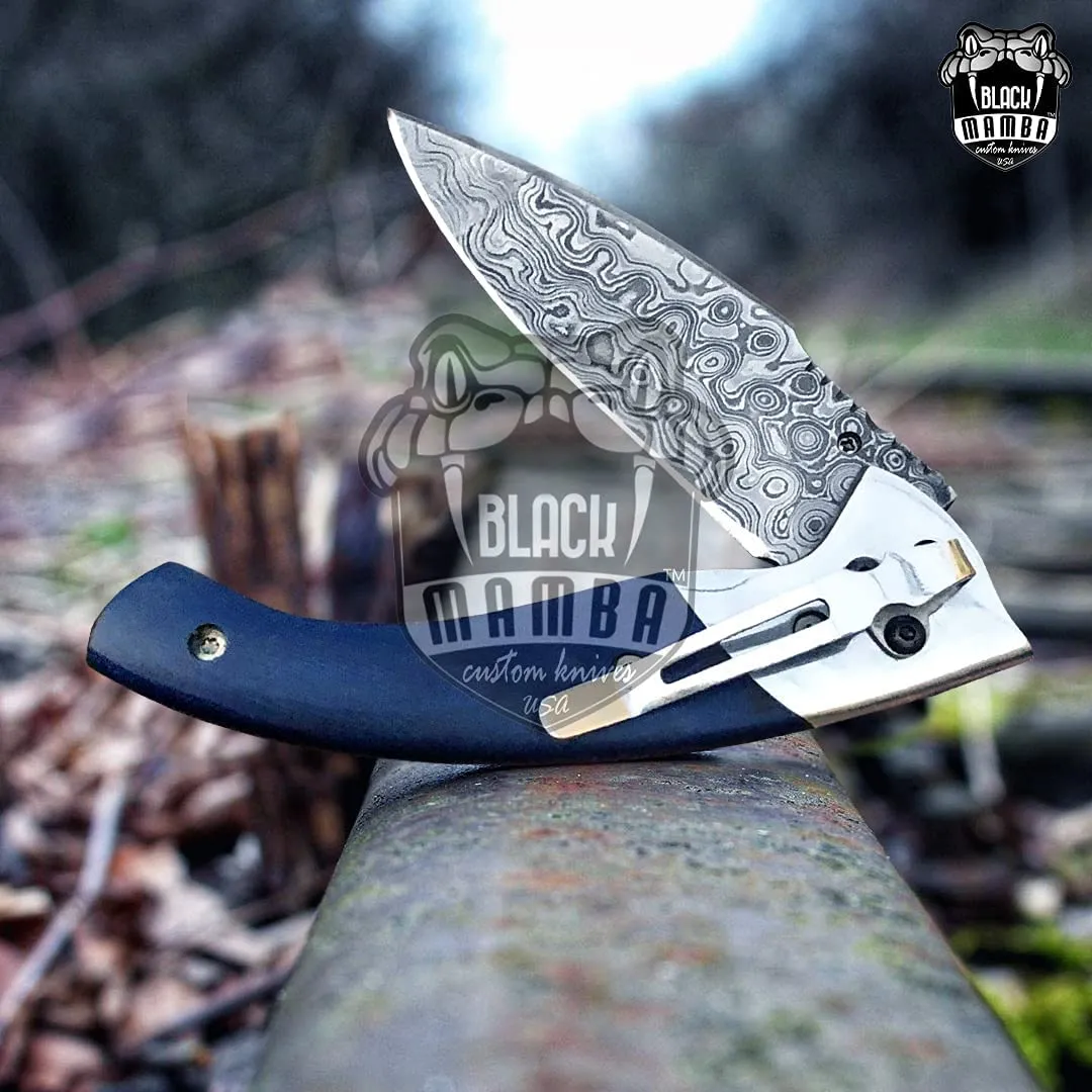 452 Damascus Pocket Knife Blue Lagoon Folding Knife Custom Knife Hand Made USA Made - view 2