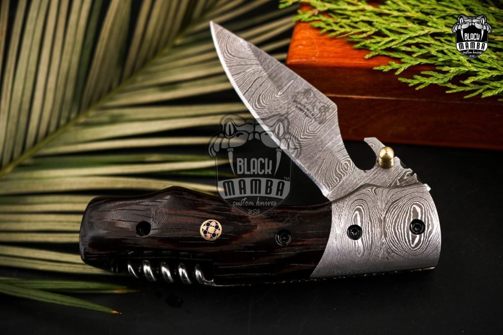 BLACK MAMBA KNIVES Bmk-449 4.3" Closed 3.2"Blade Pocket Knife Hunting Knife Wengy wood handle with Damascus bolsters - Image 7