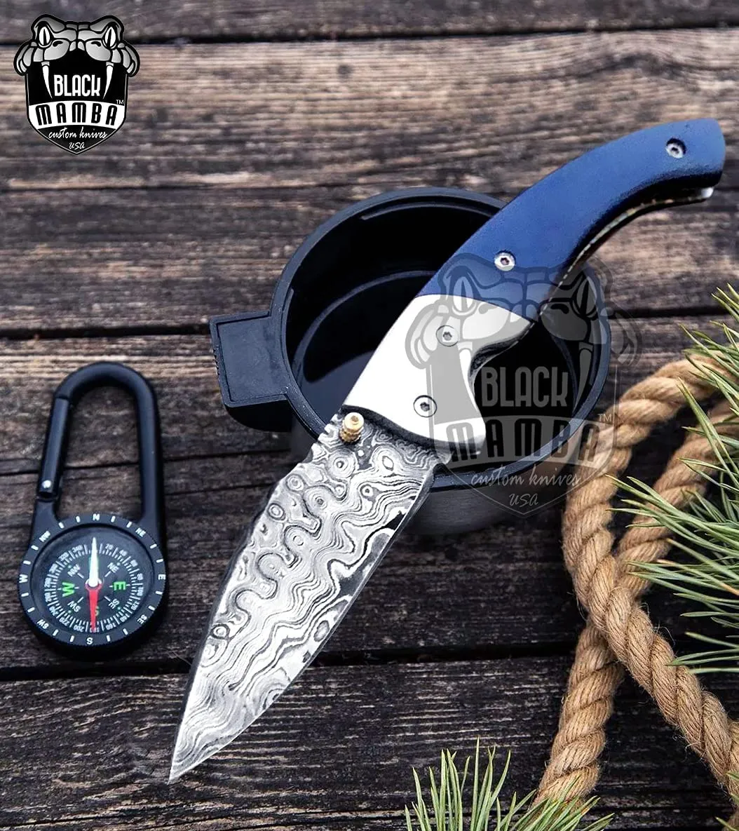 452 Damascus Pocket Knife Blue Lagoon Folding Knife Custom Knife Hand Made USA Made - view 5