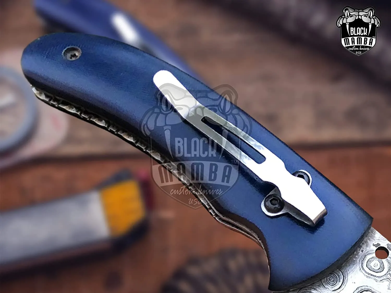 BLACK MAMBA KNIVES 4.4 Closed Damascus Pocket Knife Damascus Hunting Knife G10 Handle Pocket Clip Knife USA Made | BMK-441 - view 5