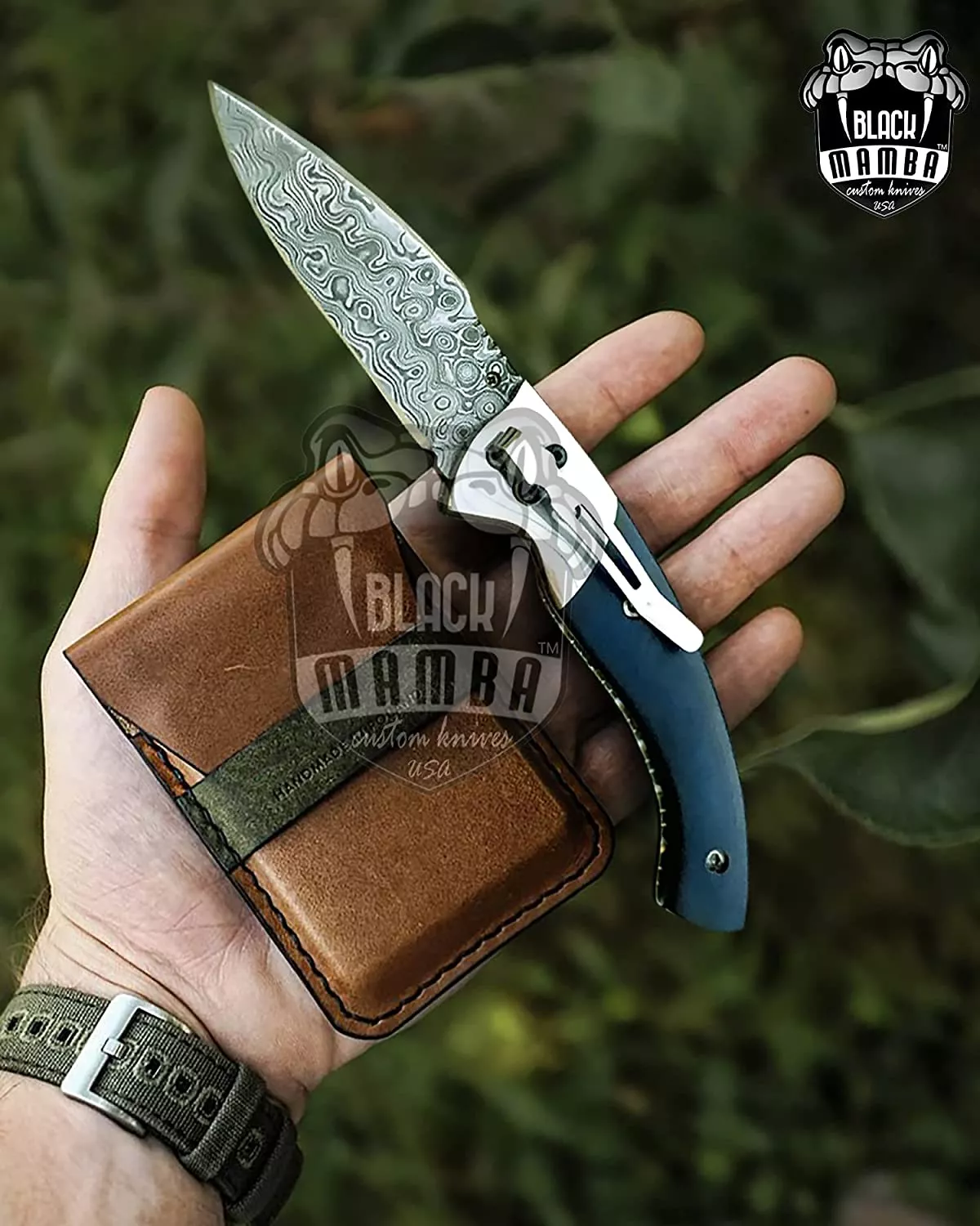452 Damascus Pocket Knife Blue Lagoon Folding Knife Custom Knife Hand Made USA Made - view 3