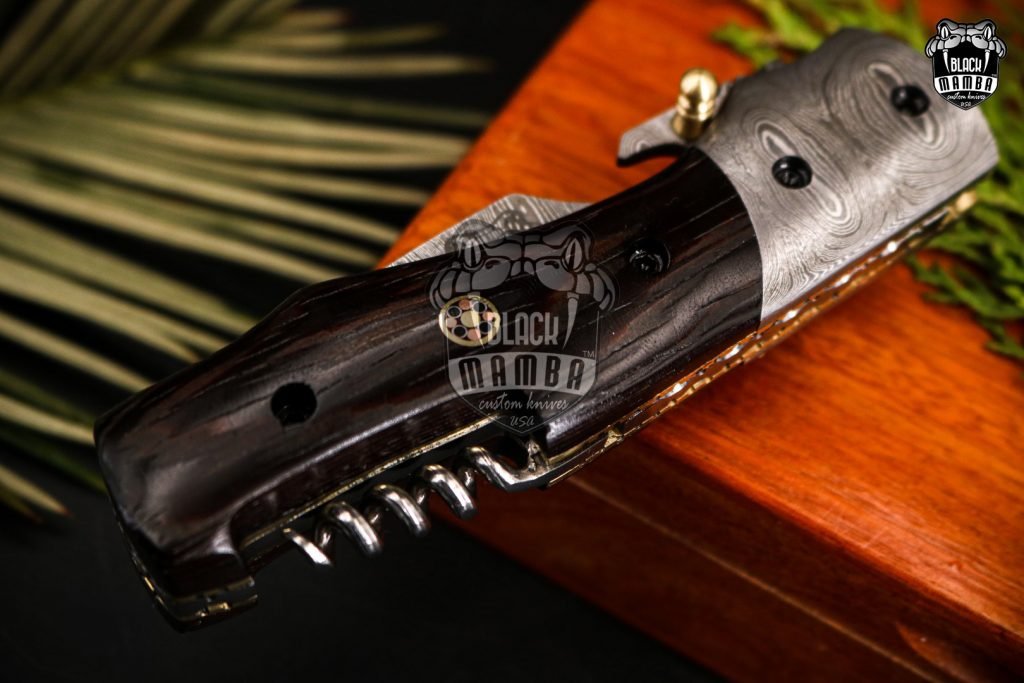 BLACK MAMBA KNIVES Bmk-449 4.3" Closed 3.2"Blade Pocket Knife Hunting Knife Wengy wood handle with Damascus bolsters - Image 8