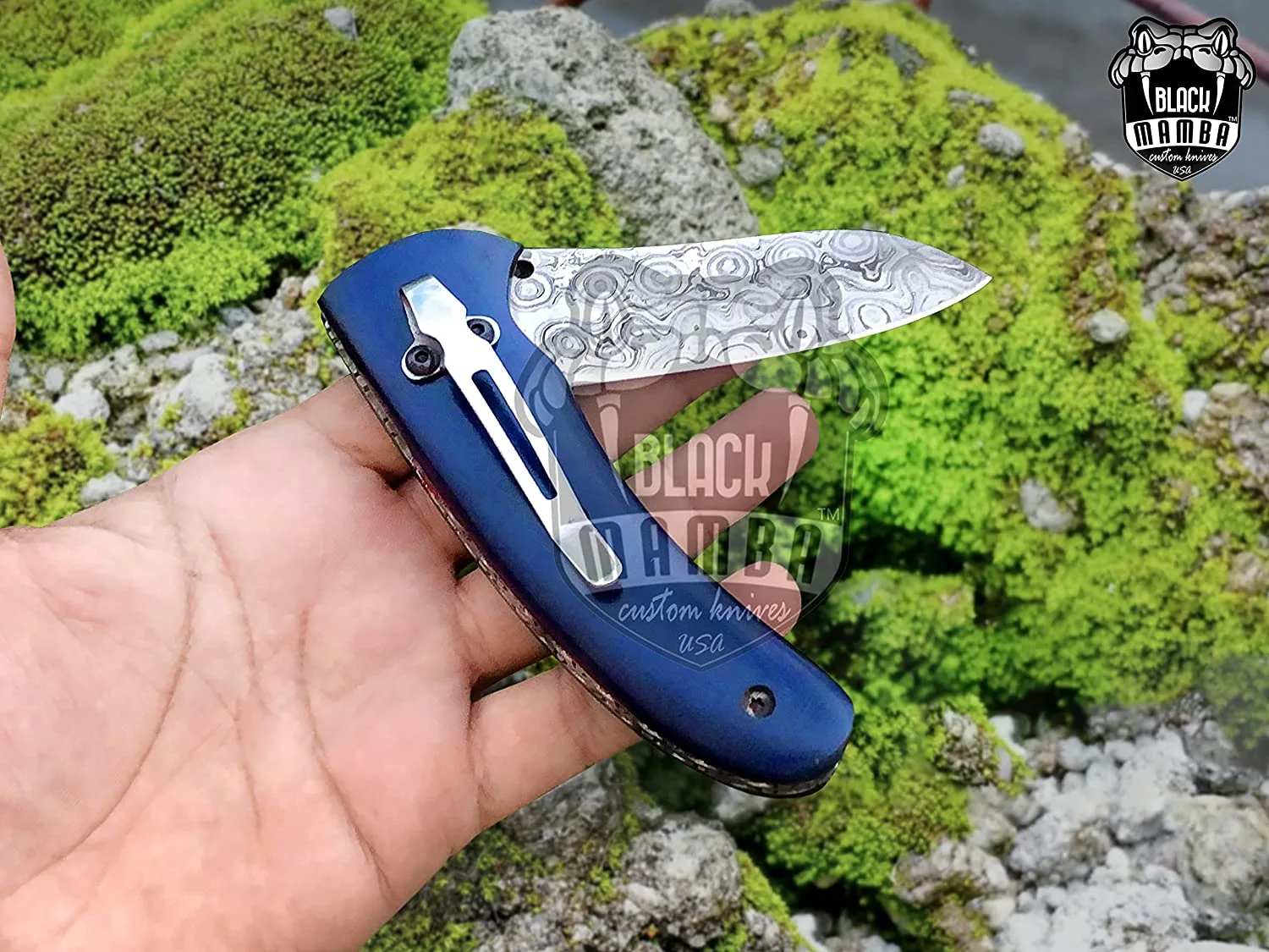 Signature - Damascus Folding Pocket Knife, 8.9″ Overall, Micarta Handle - view 3