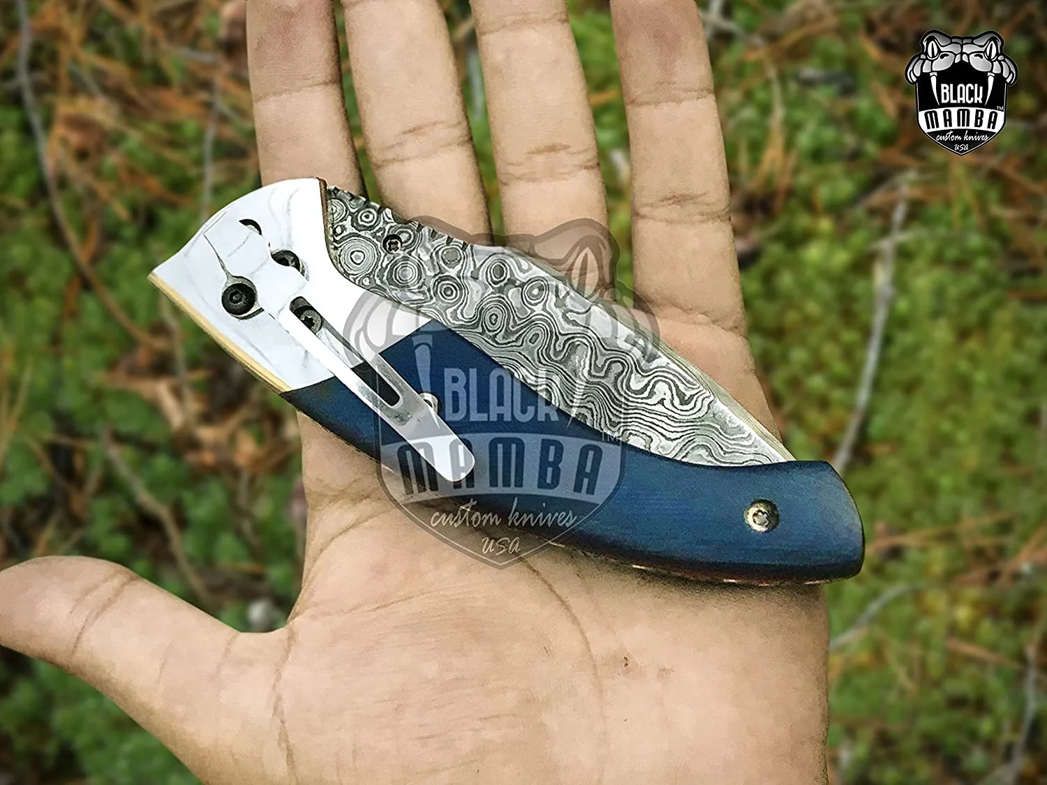 452 Damascus Pocket Knife Blue Lagoon Folding Knife Custom Knife Hand Made USA Made - view 4