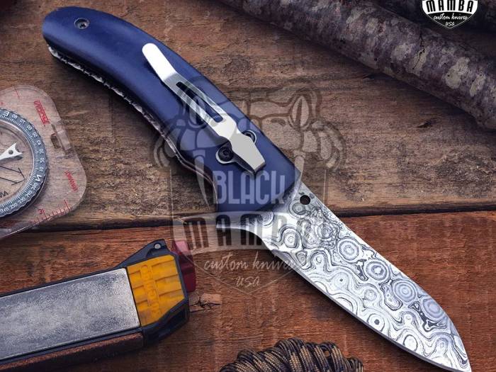 BLACK MAMBA KNIVES Bmk-441 4.4 Closed Damascus Pocket Knife Damascus Hunting Knife G10 Handle Pocket Clip Knife USA Made