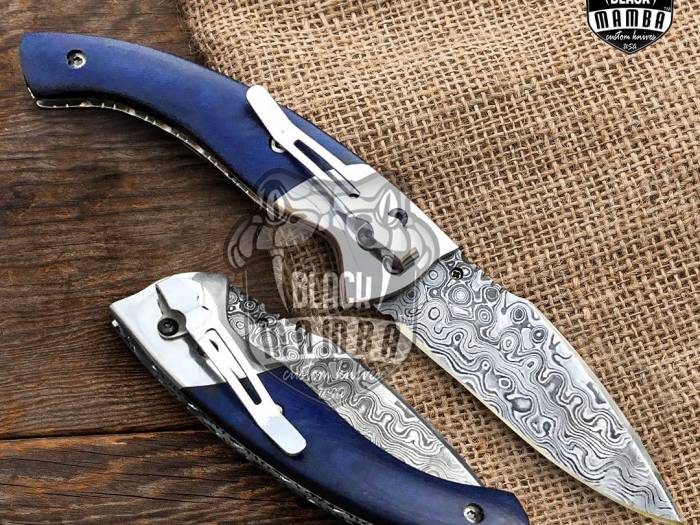 452 Damascus pocket knife Blue Lagoon Folding Knife custom Knife Hand made USA Made