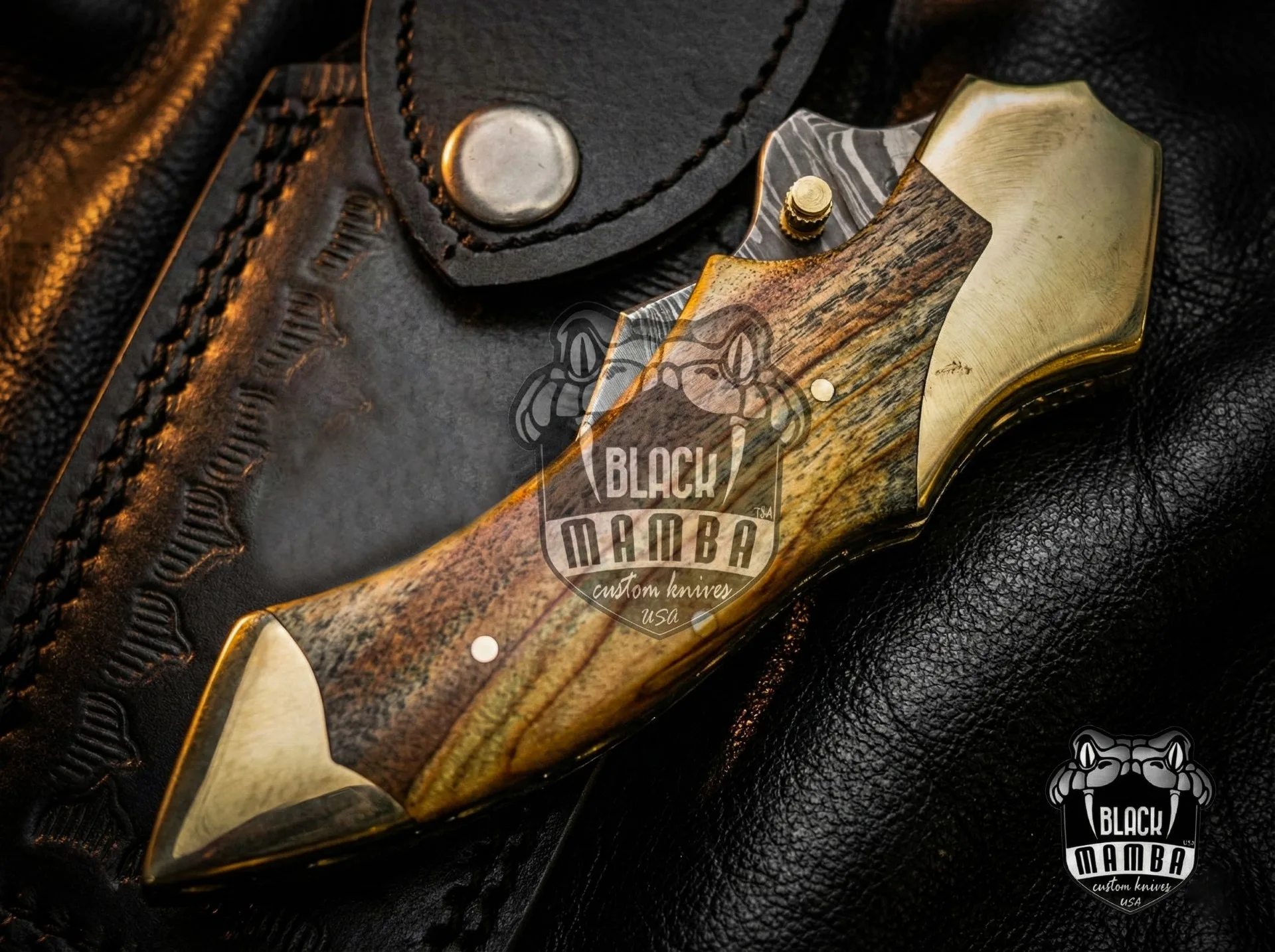 Damascus Folding Pocket Knife, 9″ Overall, Walnut Wood Handle with Brass Bolster - view 9