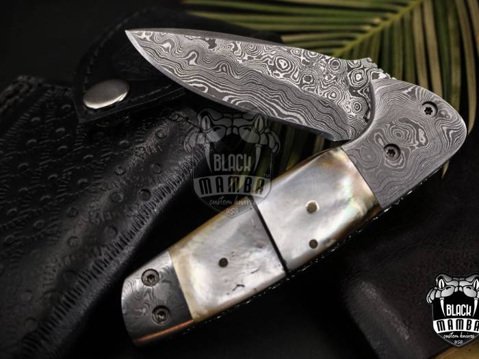 BLACK MAMBA KNIVES Bmk-450 Pearl Shell 4 Inches Closed Blade Knife Damascus Folding Knife, Pocket Knife reflector Handle USA Made