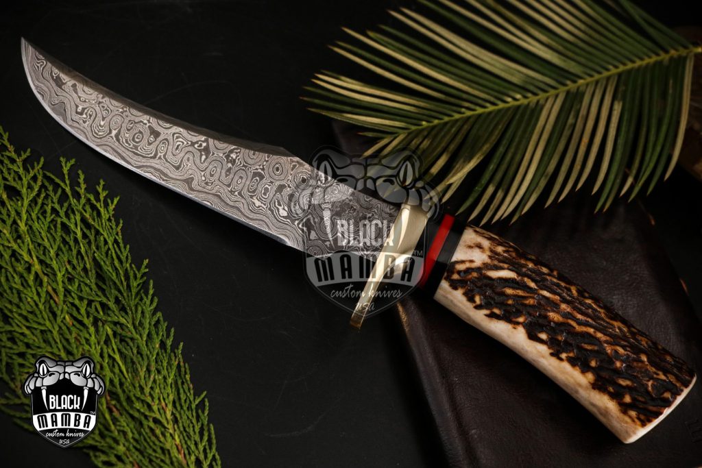 Bmk-176 Banded Flying Snake Knife 12 in Long 7 in Blade 12 Ounce Damascus Hunting Fixed Blade Trailing Point Hand Made World Class Knives
