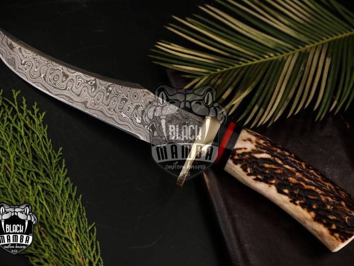 Bmk-176 Banded Flying Snake Knife 12 in Long 7 in Blade 12 Ounce Damascus Hunting Fixed Blade Trailing Point Hand Made World Class Knives