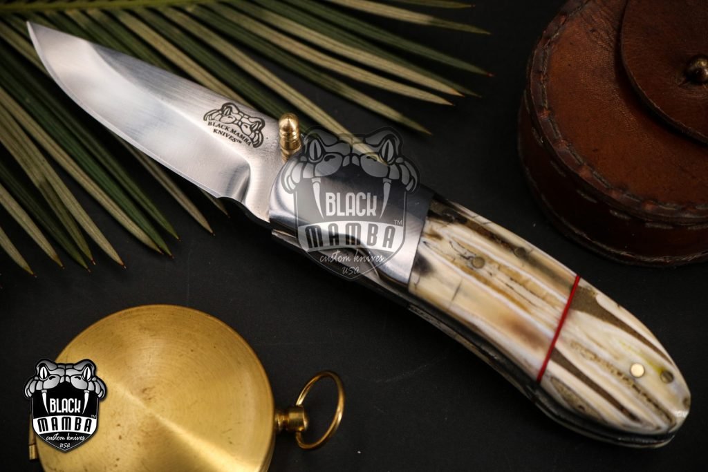 Black Mamba Knives Bmk-VG11 4.9 Closed Damascus Pocket Knife Damascus Hunting Knife Stag Antler Handle Pocket Clip Knife With Leather Sheath - Image 2