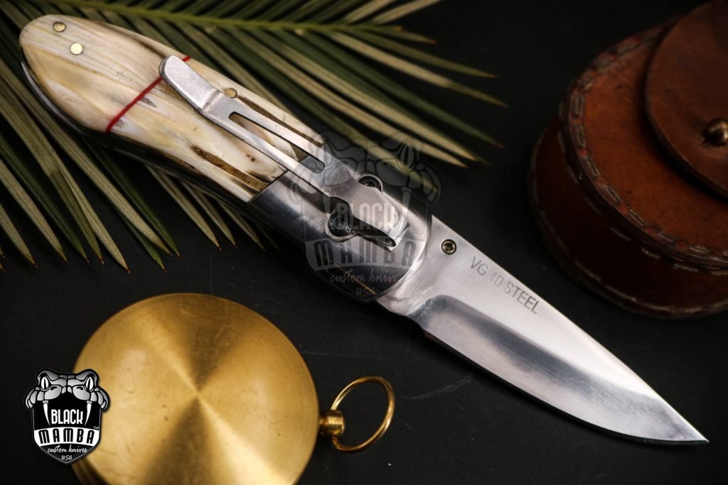 Black Mamba Knives Bmk-VG11 4.9 Closed Damascus Pocket Knife Damascus Hunting Knife Stag Antler Handle Pocket Clip Knife With Leather Sheath - Image 5