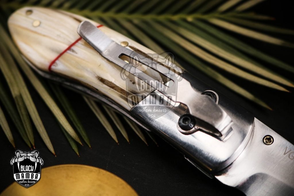 Black Mamba Knives Bmk-VG11 4.9 Closed Damascus Pocket Knife Damascus Hunting Knife Stag Antler Handle Pocket Clip Knife With Leather Sheath - Image 7