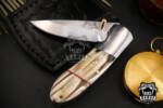 Black Mamba Knives Bmk-VG11 4.9 Closed Damascus Pocket Knife Damascus Hunting Knife Stag Antler Handle Pocket Clip Knife With Leather Sheath