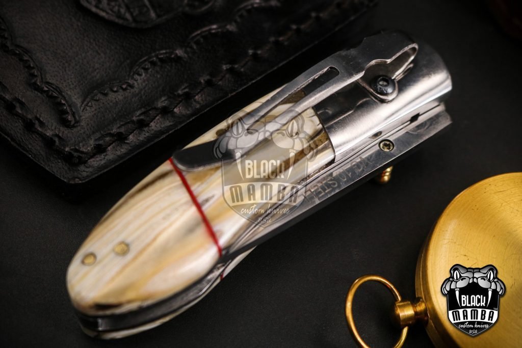 Black Mamba Knives Bmk-VG11 4.9 Closed Damascus Pocket Knife Damascus Hunting Knife Stag Antler Handle Pocket Clip Knife With Leather Sheath - Image 8