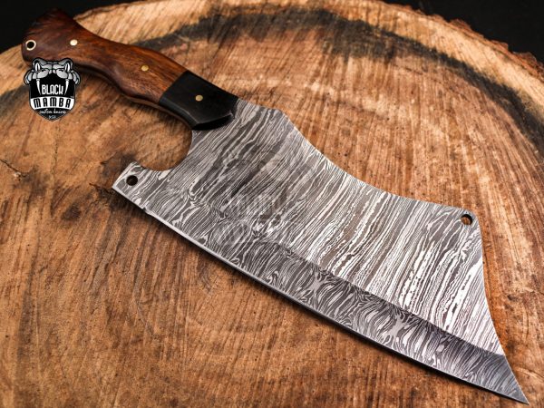 10 Damascus Chef Meat Cleaver with Dark Wood Handle & Leather Sheath, –  White Hills Knives