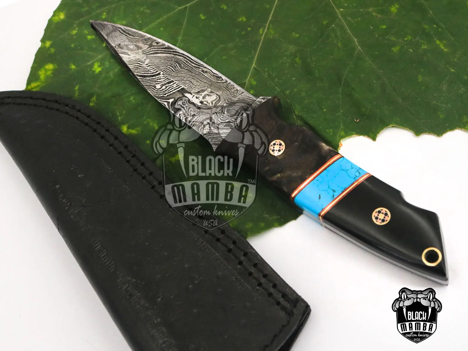 Turquoise Sea - Damascus Skinning Knife, 6″ Overall, Wood Handle | BMK-637 - view 5