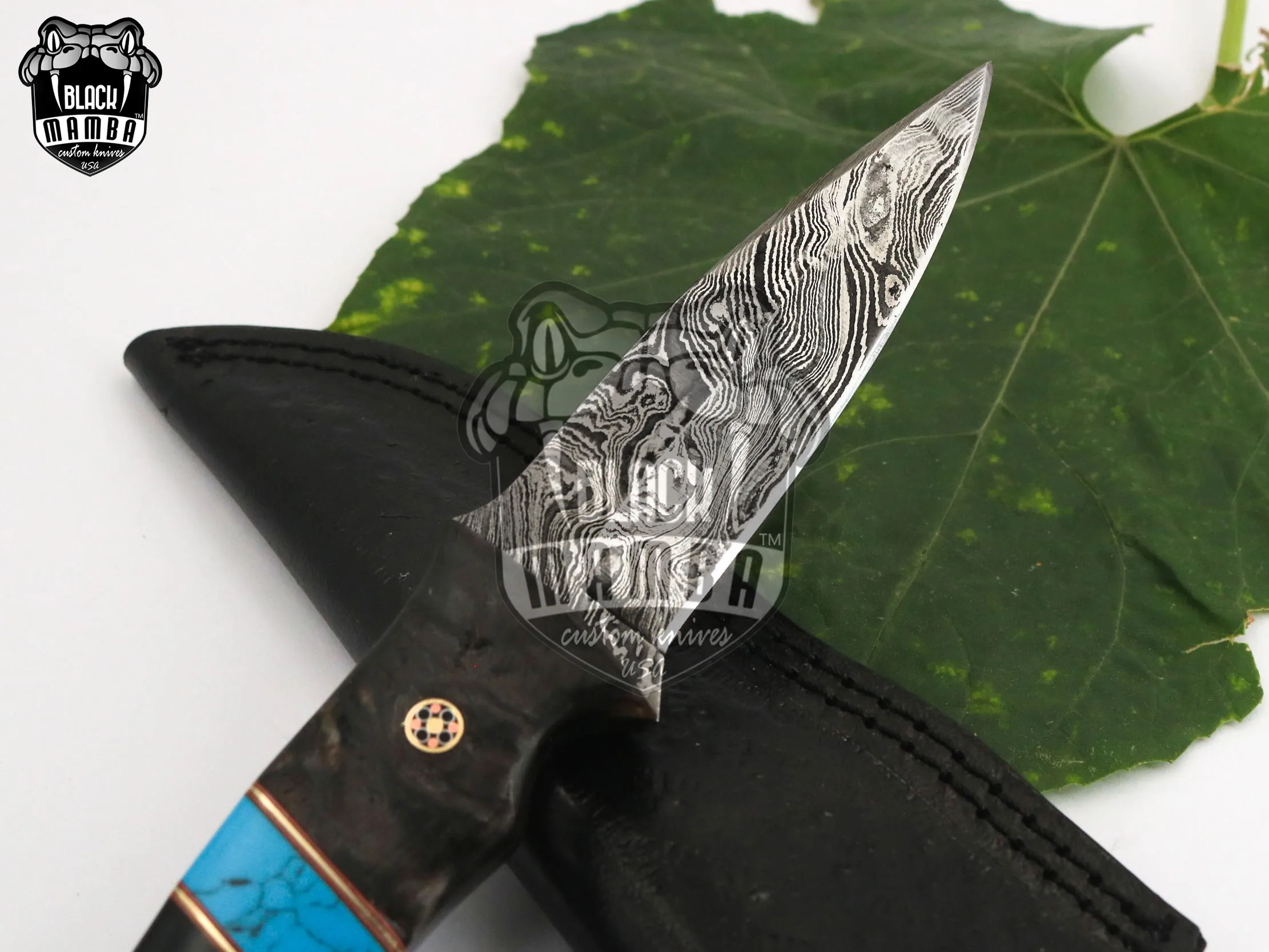 Turquoise Sea - Damascus Skinning Knife, 6″ Overall, Wood Handle | BMK-637 - view 4
