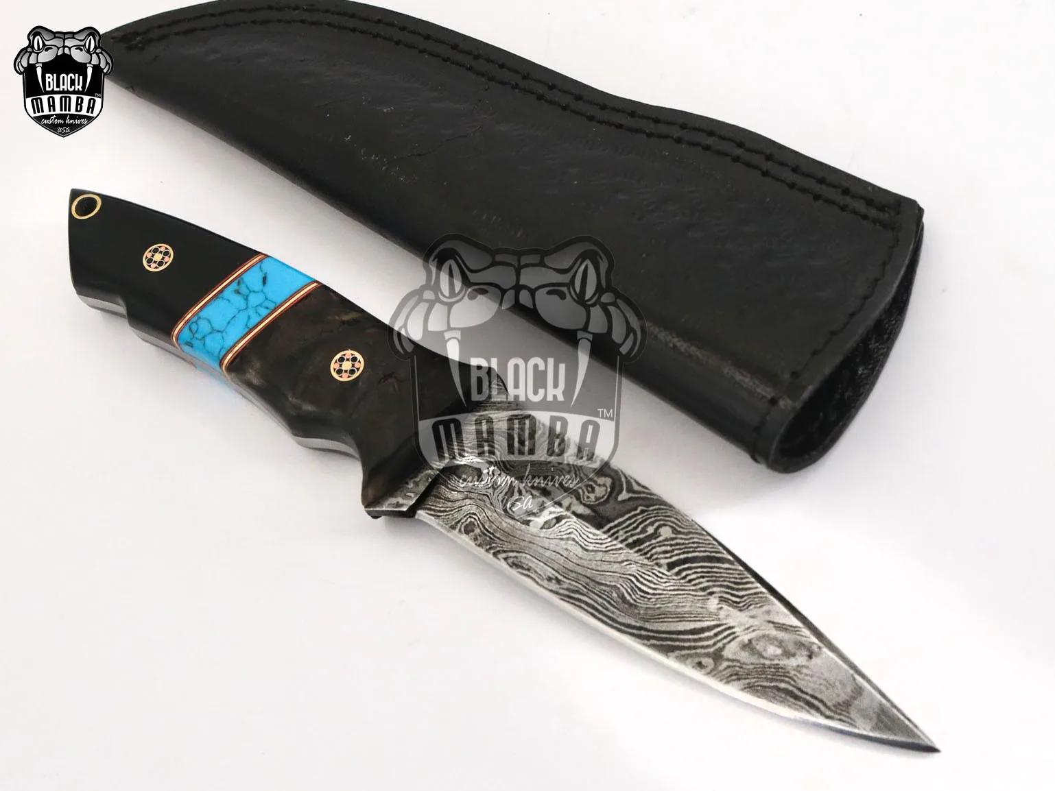 Turquoise Sea - Damascus Skinning Knife, 6″ Overall, Wood Handle | BMK-637 - view 3