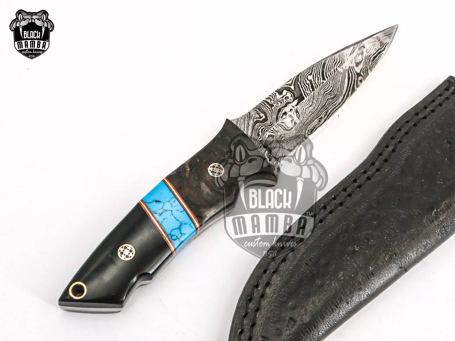 Turquoise Sea - Damascus Skinning Knife, 6″ Overall, Wood Handle | BMK-637