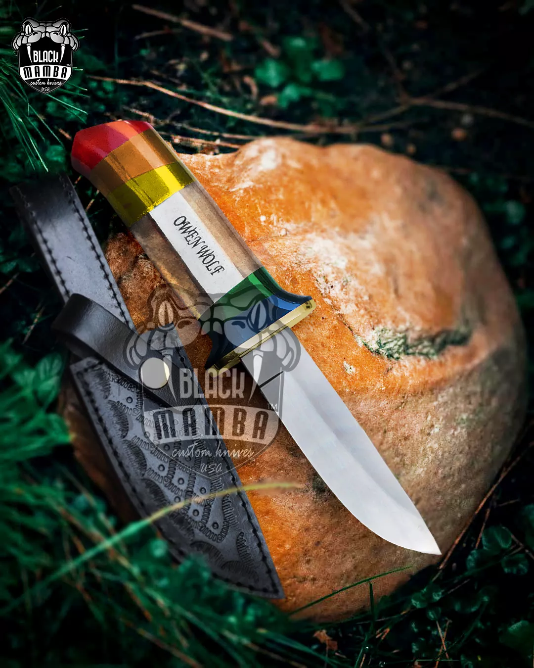 Translucent Personalized - Damascus Hunting Knife, 9″ Overall, Brass Handle - view 4