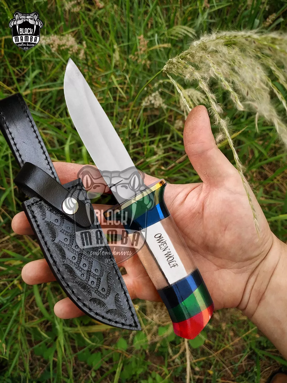 Translucent Personalized - Damascus Hunting Knife, 9″ Overall, Brass Handle - view 5