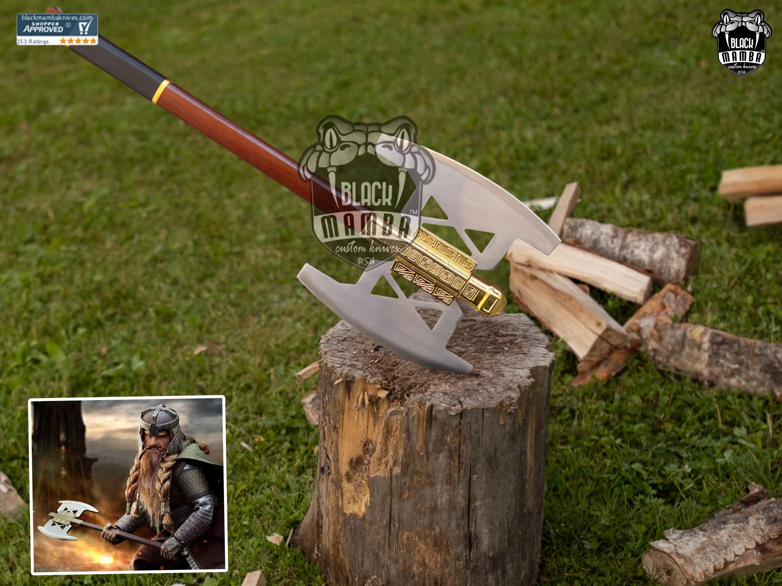 Battle Axe Of Gimlet Golden - Damascus Tomahawk Axe, 37″ Overall - view 6