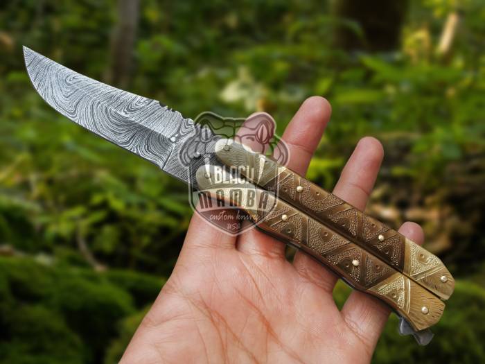 BMK-540 Damascus Balisong Butterfly Knife Hunting Blade Beautiful Engraved Handle Original Traditional Filipino Butterfly Batanga Knife USA Made