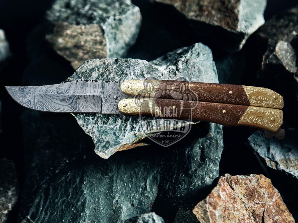 BMK-550 Damascus Balisong Butterfly Knife Hunting Blade Beautiful Engraved Handle Original Traditional Filipino Butterfly Batanga Knife USA Made - Image 2