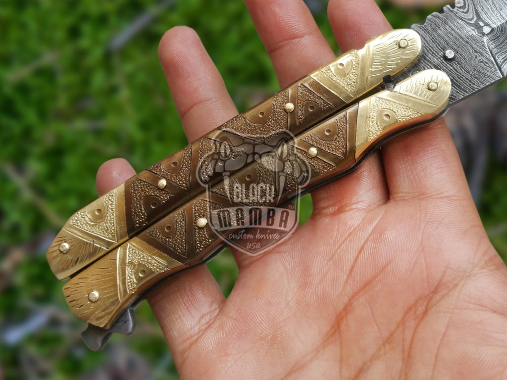 BMK-540 Damascus Balisong Butterfly Knife Hunting Blade Beautiful Engraved Handle Original Traditional Filipino Butterfly Batanga Knife USA Made - Image 3