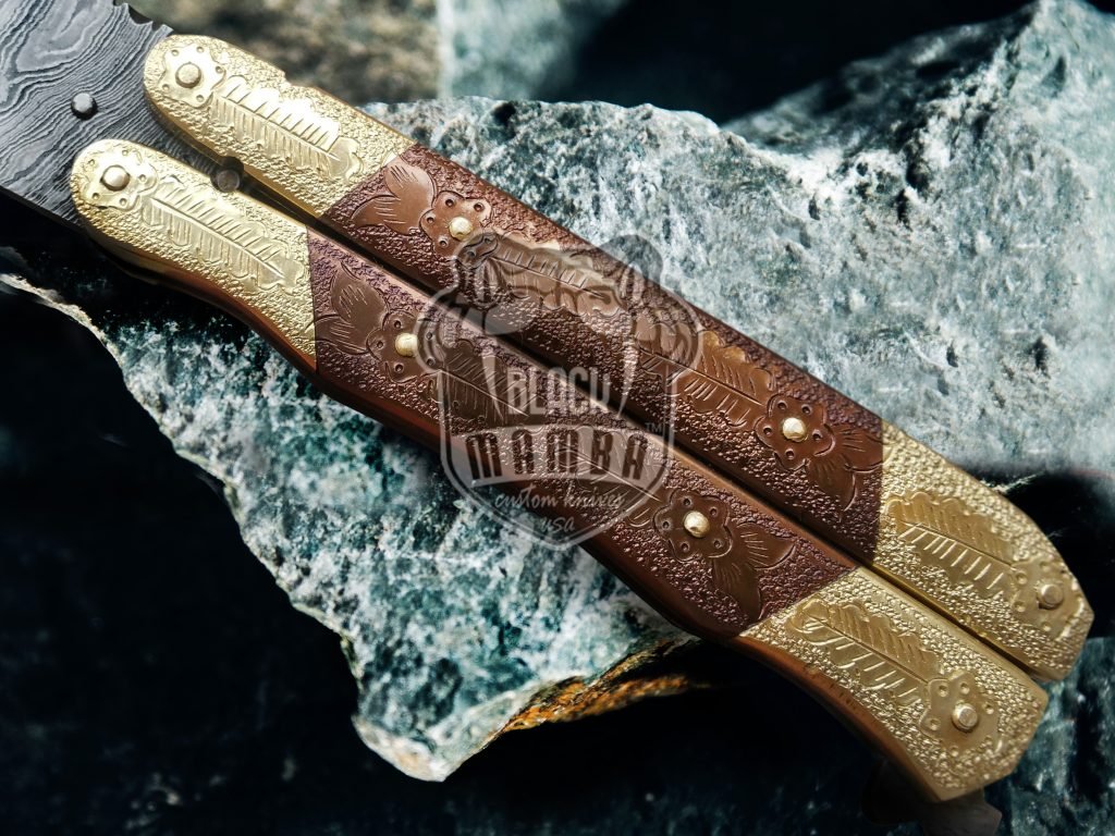 BMK-550 Damascus Balisong Butterfly Knife Hunting Blade Beautiful Engraved Handle Original Traditional Filipino Butterfly Batanga Knife USA Made - Image 3