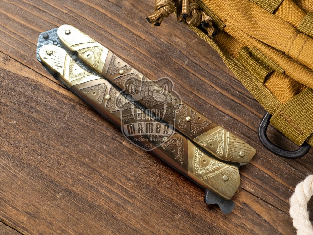 BMK-540 Damascus Balisong Butterfly Knife Hunting Blade Beautiful Engraved Handle Original Traditional Filipino Butterfly Batanga Knife USA Made - Image 2