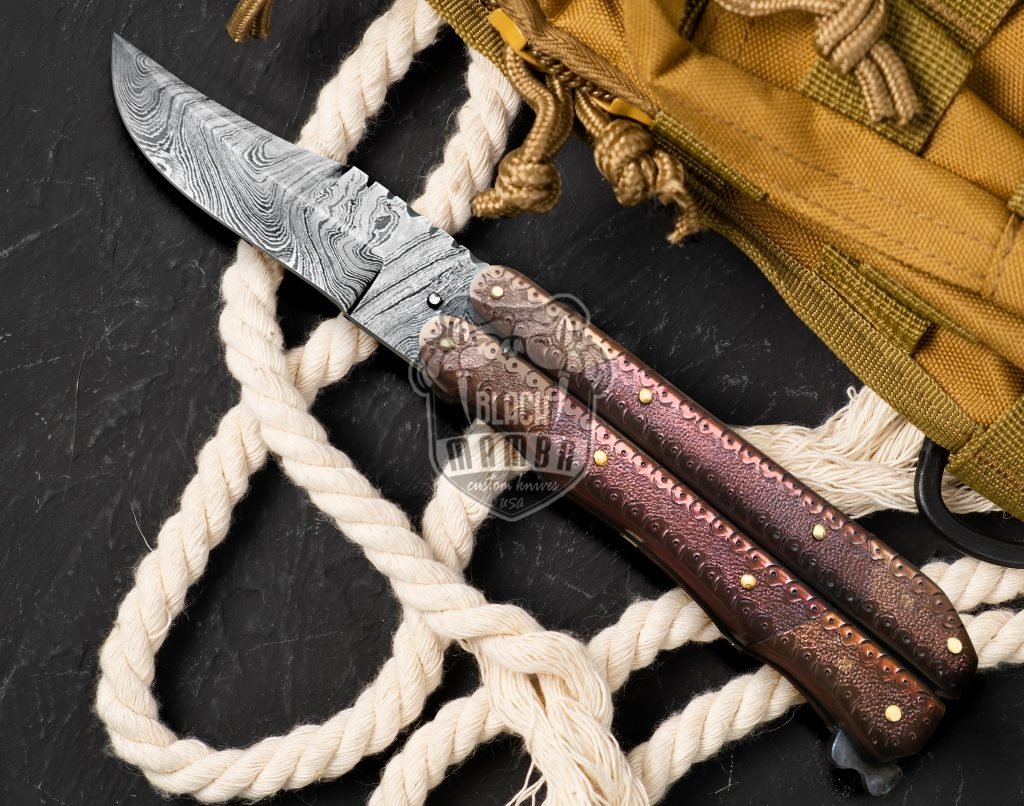 BMK-603 Damascus Balisong Butterfly Knife Hunting Blade Beautiful Engraved Copper Handle Original Traditional Filipino Butterfly Batanga Knife USA Made