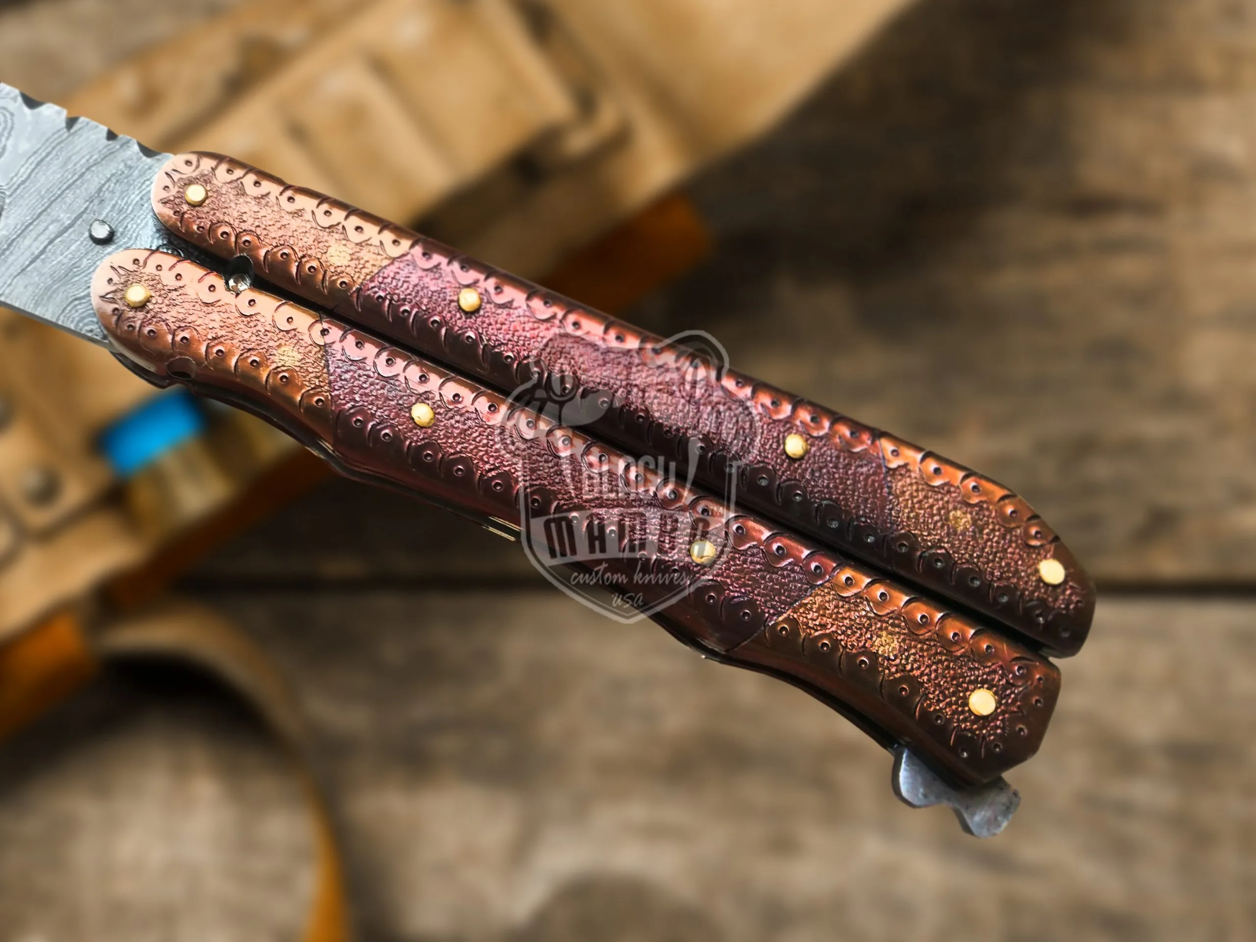 Damascus Balisong Butterfly Knife – Brass & Copper Handle | BMK-2012 - view 4