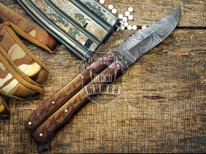 BMK-602 Damascus Balisong Butterfly Knife Hunting Blade Beautiful Engraved Copper Handle Original Traditional Filipino Butterfly Batanga Knife USA Made