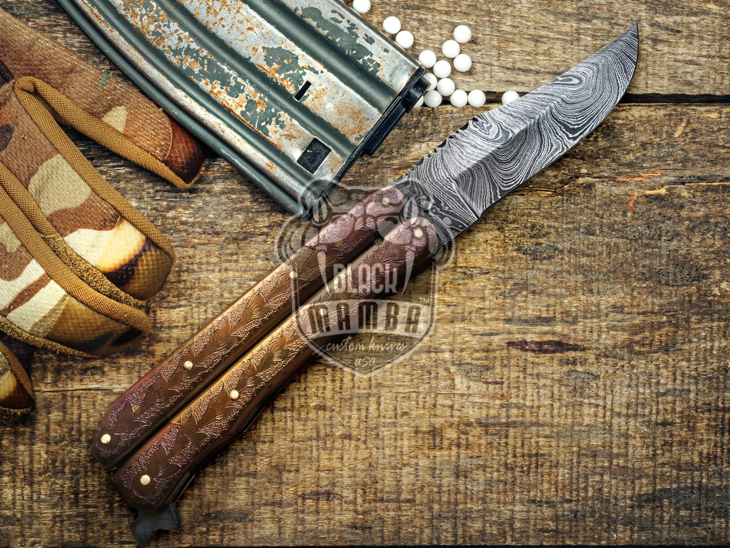 Damascus Balisong Butterfly Knife Hunting Blade Beautiful Engraved Copper Handle Original Traditional Filipino Butterfly Batanga Knife USA Made | BMK-2020
