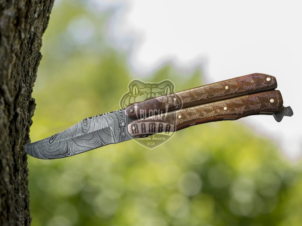 BMK-602 Damascus Balisong Butterfly Knife Hunting Blade Beautiful Engraved Copper Handle Original Traditional Filipino Butterfly Batanga Knife USA Made - Image 2