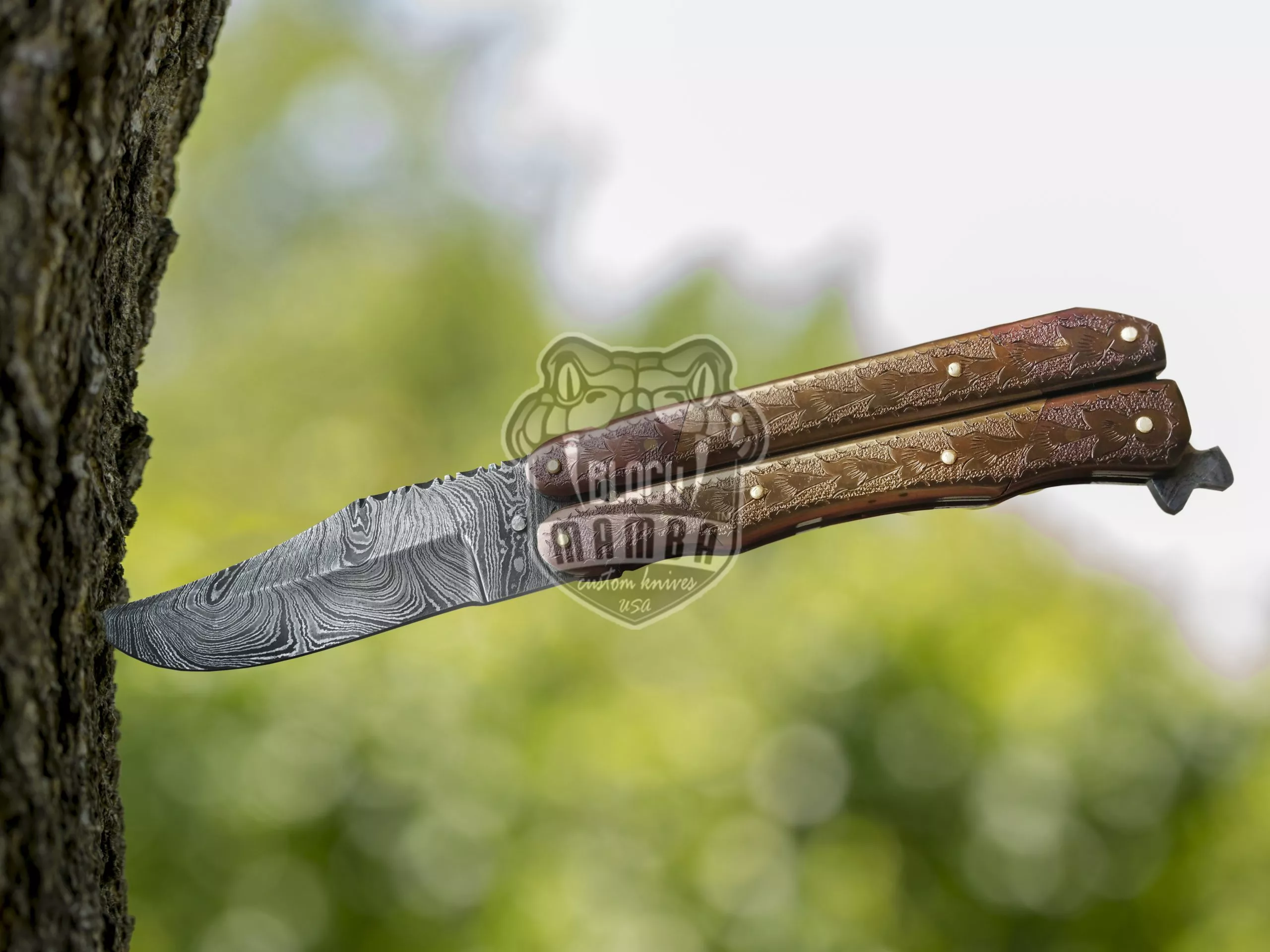 Damascus Balisong Butterfly Knife Hunting Blade Beautiful Engraved Copper Handle Original Traditional Filipino Butterfly Batanga Knife USA Made | BMK-2020 - view 3