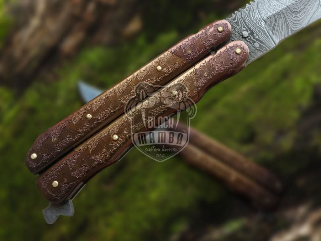 BMK-602 Damascus Balisong Butterfly Knife Hunting Blade Beautiful Engraved Copper Handle Original Traditional Filipino Butterfly Batanga Knife USA Made - Image 3