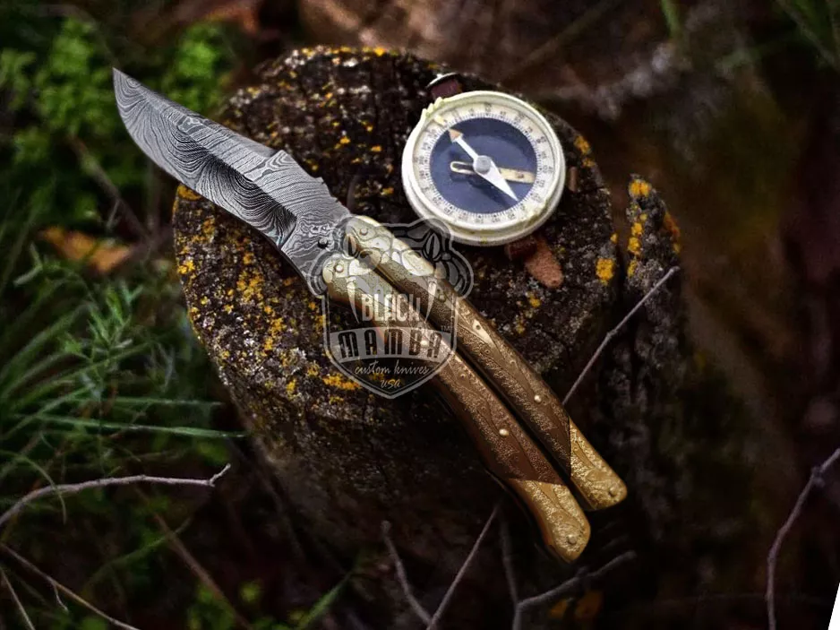 Damascus Balisong Butterfly Knife – Brass, Copper Handle | BMK-2005 - view 4