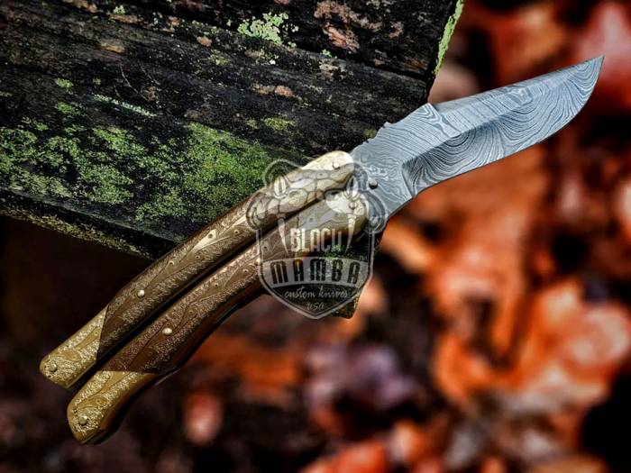 BMK-570 Damascus Balisong Butterfly Knife Hunting Blade Beautiful Engraved Brass & Copper Handle Original Traditional Filipino Butterfly Batanga Knife USA Made