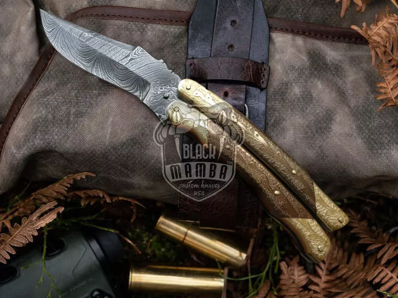 Damascus Balisong Butterfly Knife – Brass, Copper Handle | BMK-2005 - view 3