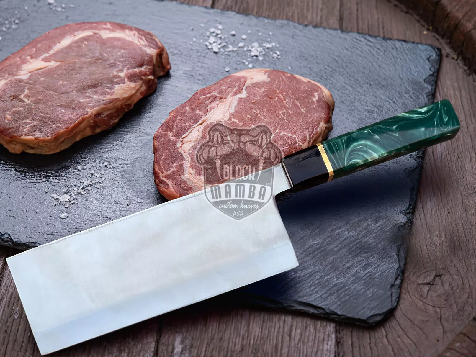 Bmk-710-VG Resin Buffalo Mirror Shine Blade Cleaver Knife 13 Inches Long 8 Inches Blade Super Steel VG Chef Cleaver Blade Knife Hand Made World Class Black Mamba Knives