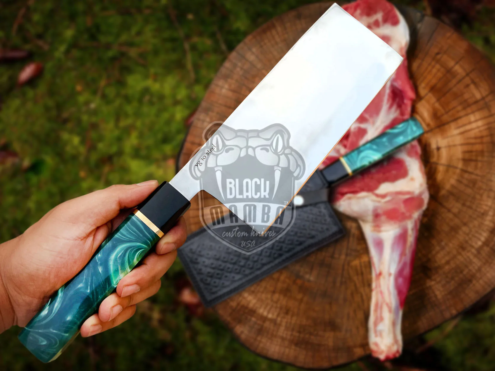 Resin Buffalo Mirror Shine - Damascus Cleaver, 13″ Overall, Buffalo Horn Handle - view 2