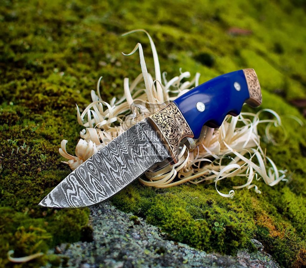 Bmk-50 Blue Bone Copper Engraved Handmade Damascus Steel Hunting Knife 3.6 inches Blade Made in USA - Image 4