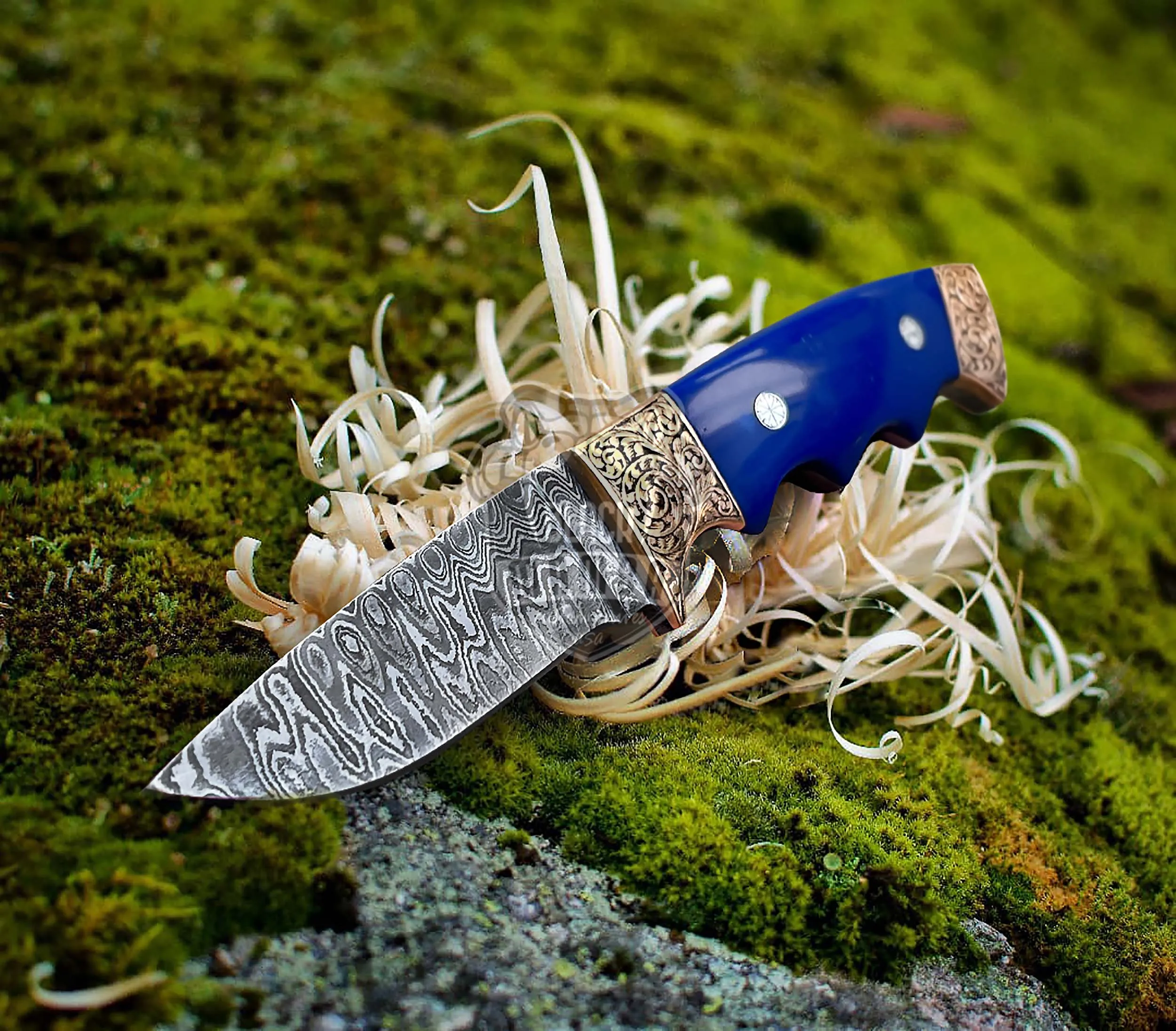 Blue Bone Copper Engraved Handmade Damascus Steel Hunting Knife 3.6 Inches Blade Made in USA | BMK-50 - view 4