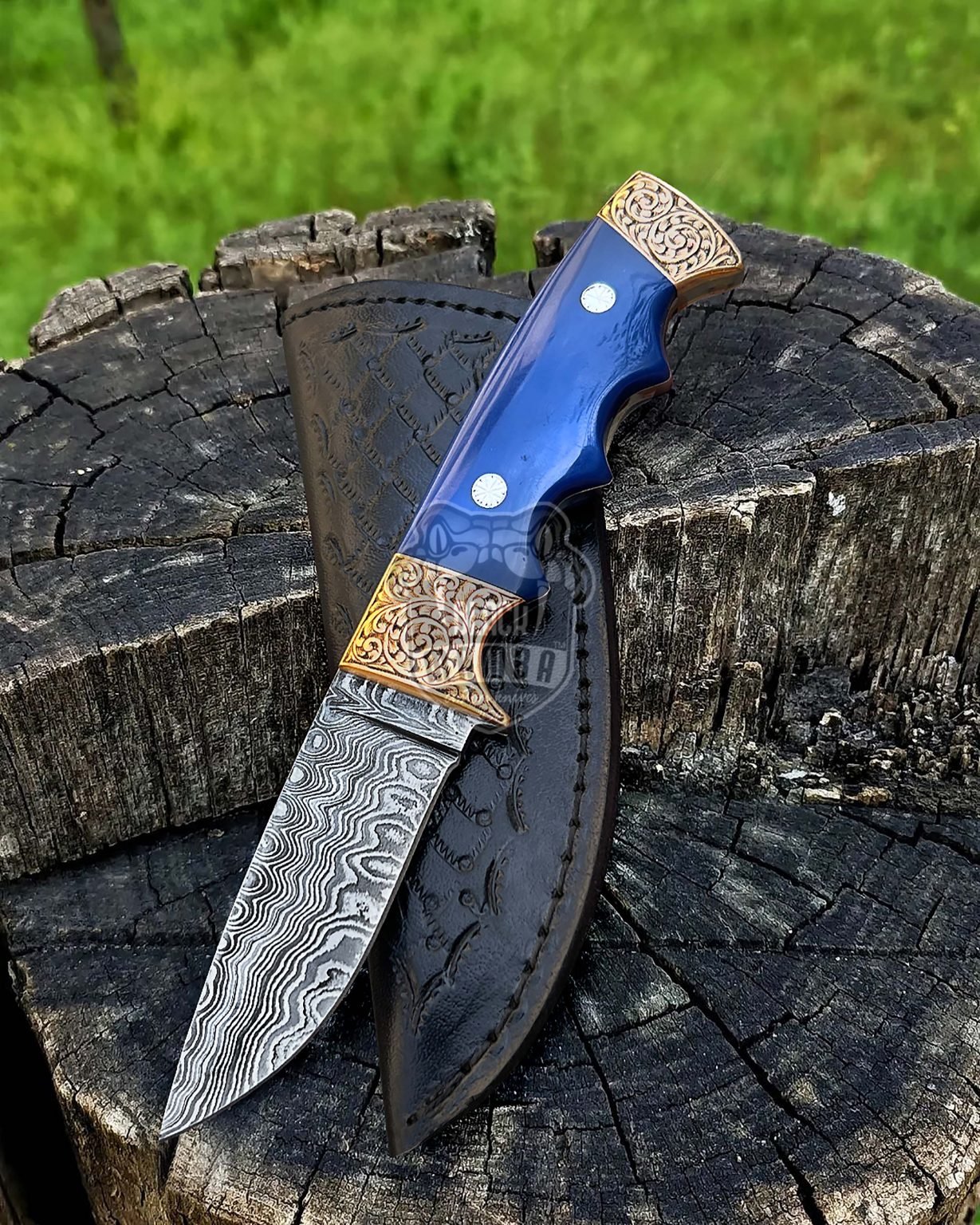 Bmk-50 Blue Bone Copper Engraved Handmade Damascus Steel Hunting Knife 3.6 inches Blade Made in USA - Image 2