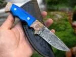 Blue Bone Copper Engraved - Damascus Hunting Knife, 8″ Overall, Camel Bone Handle