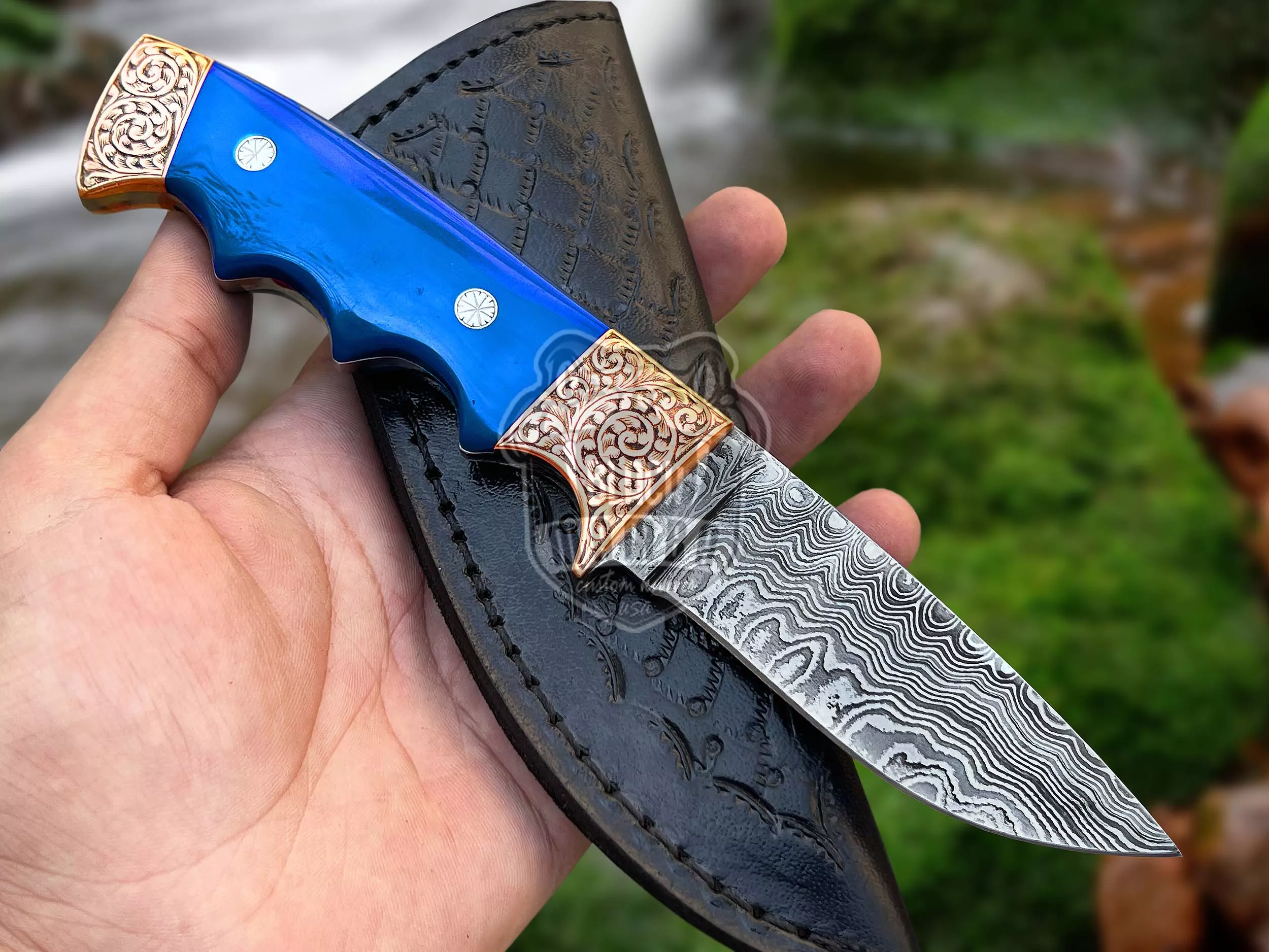 Blue Bone Copper Engraved Handmade Damascus Steel Hunting Knife 3.6 Inches Blade Made in USA | BMK-50